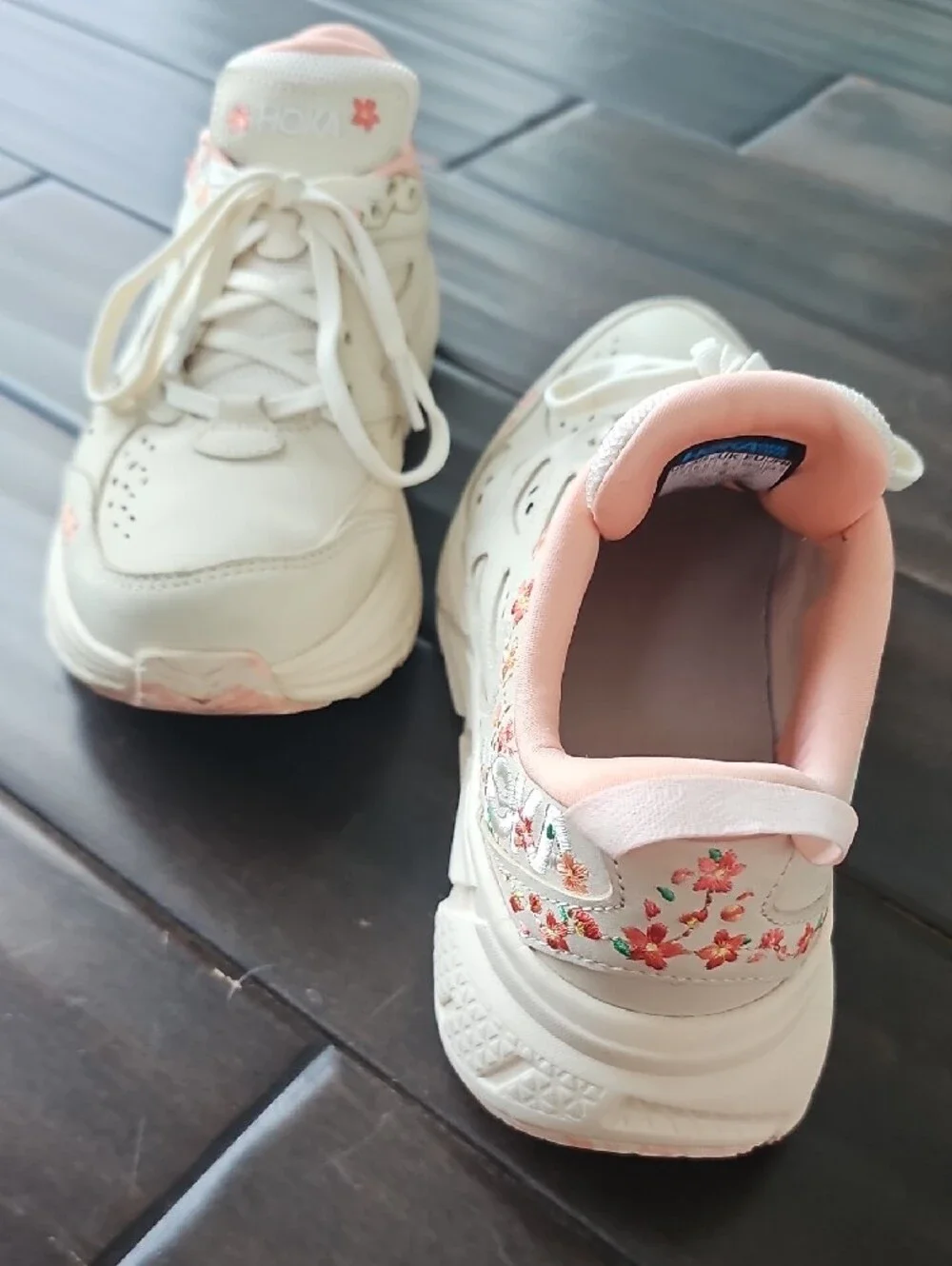 Hoka Women's Cream Athletic Sneakers with Pink/Peach Accents with Floral Details - Picture 4 of 8